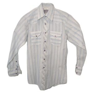 H Bar C Ranchwear Long Tail Shirt Mens Long Sleeve Pockets Vtg Blue Stripes Usa